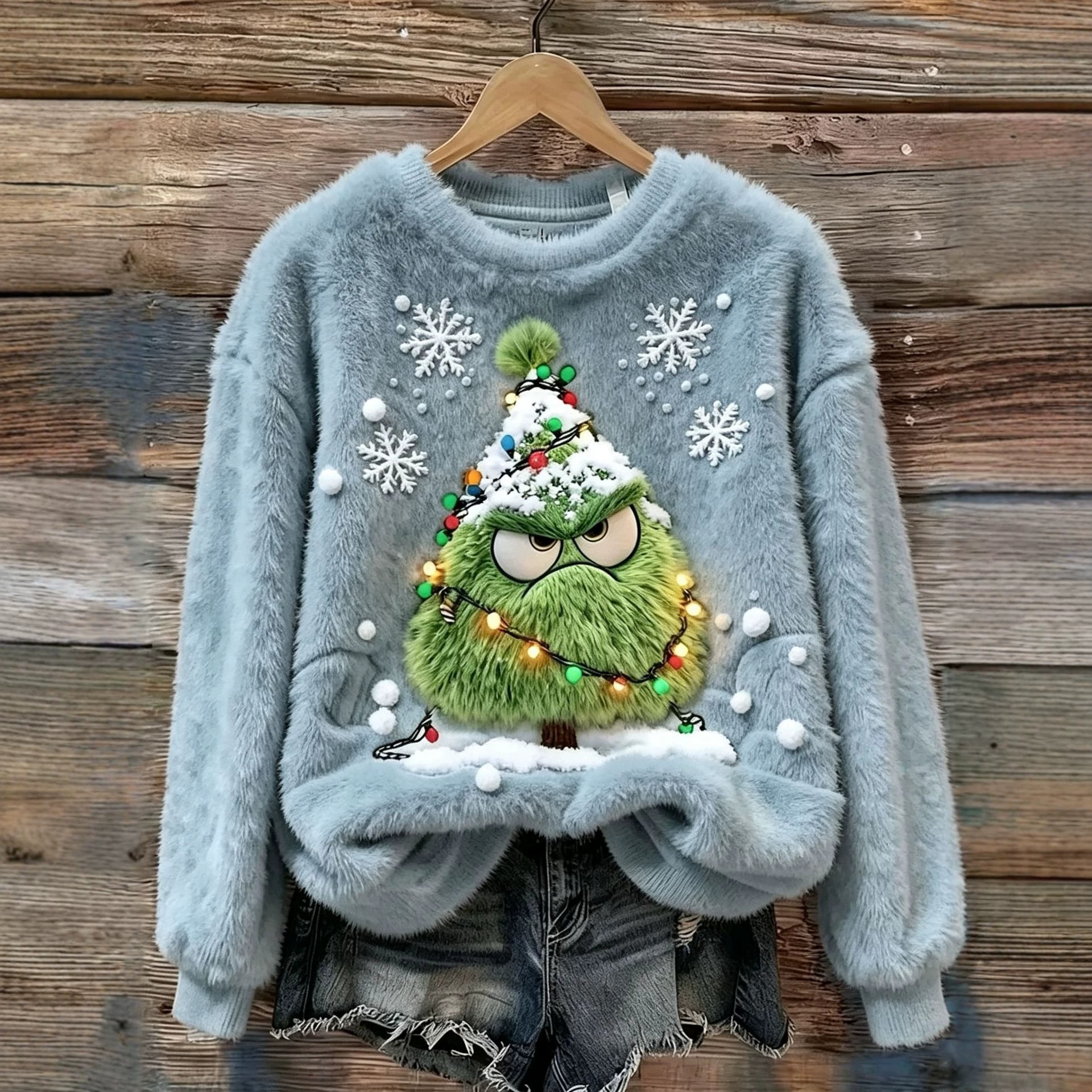 Goblin Snowflake Print Long-Sleeve Pullover Fleece Sweatshirt