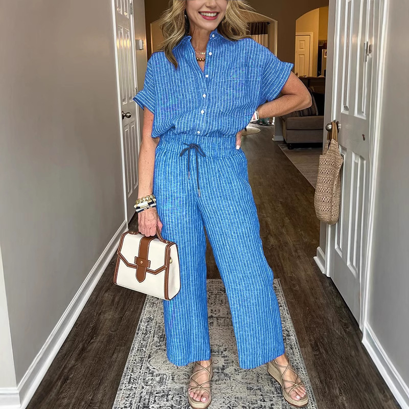 Women's Striped Two-Piece Set with Collared Short Sleeve Top and Straight-Leg Pants
