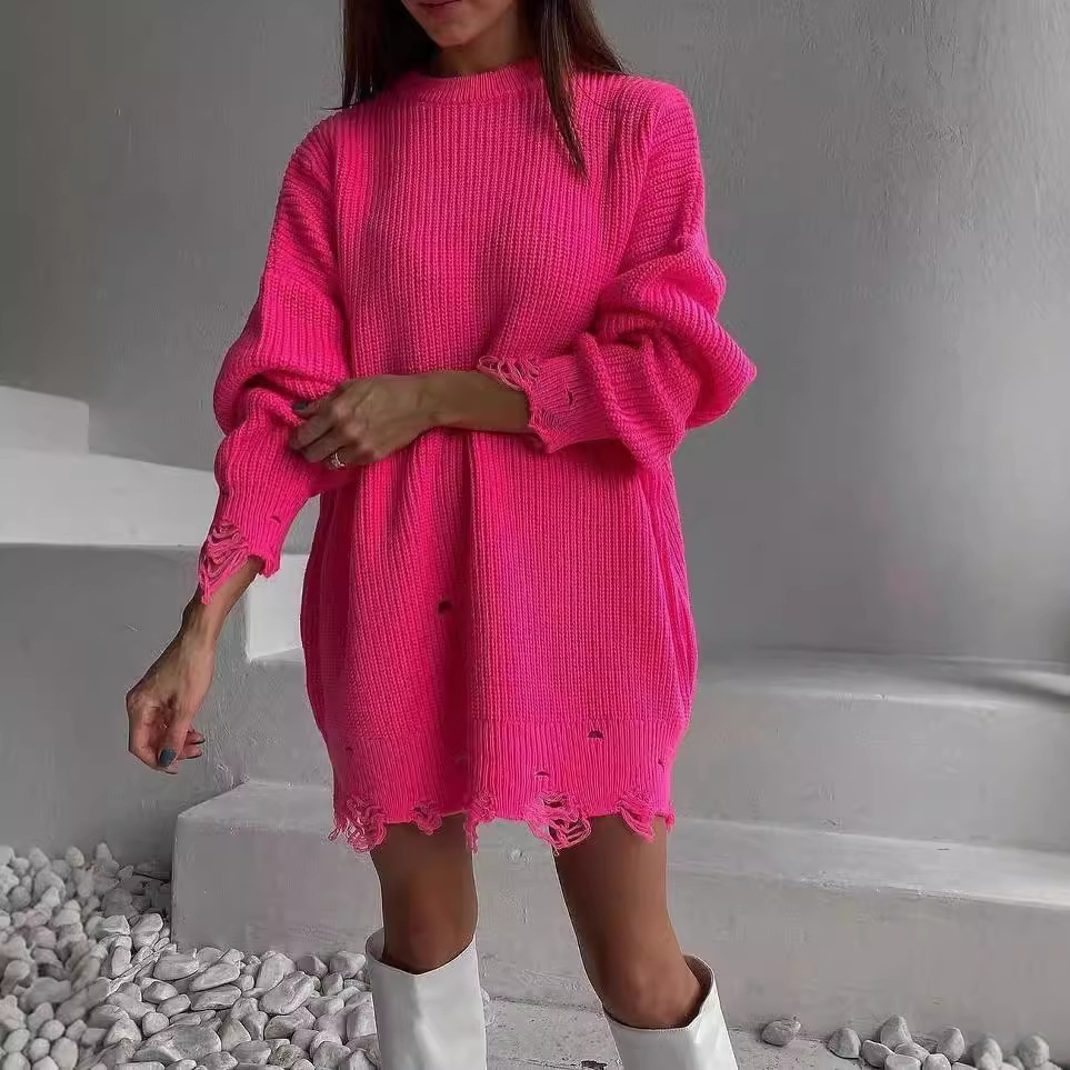 Distressed Knit Crewneck Loose Midi Long-Sleeve Sweater