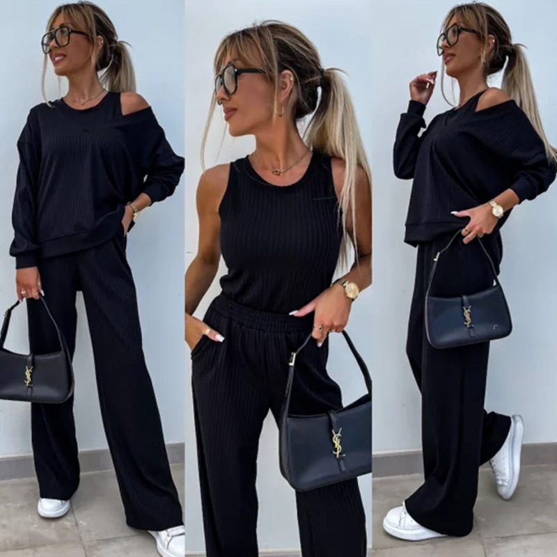 Women's Solid V-Neck Long-Sleeve Top & Pants 3-Piece Set