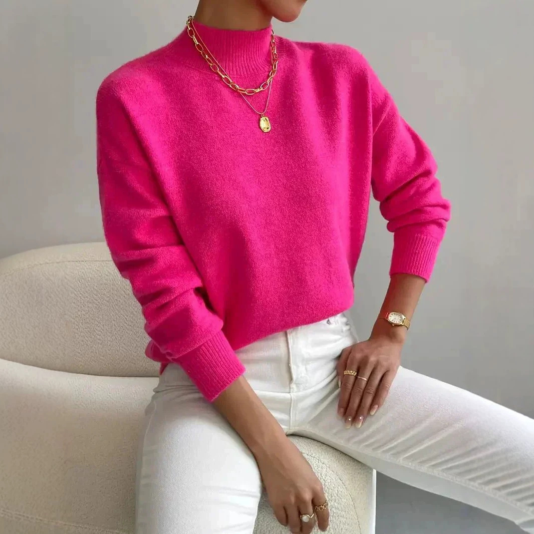 Women's Half Turtleneck Long Sleeve Pullover Sweater Solid Color Loose Knit Top
