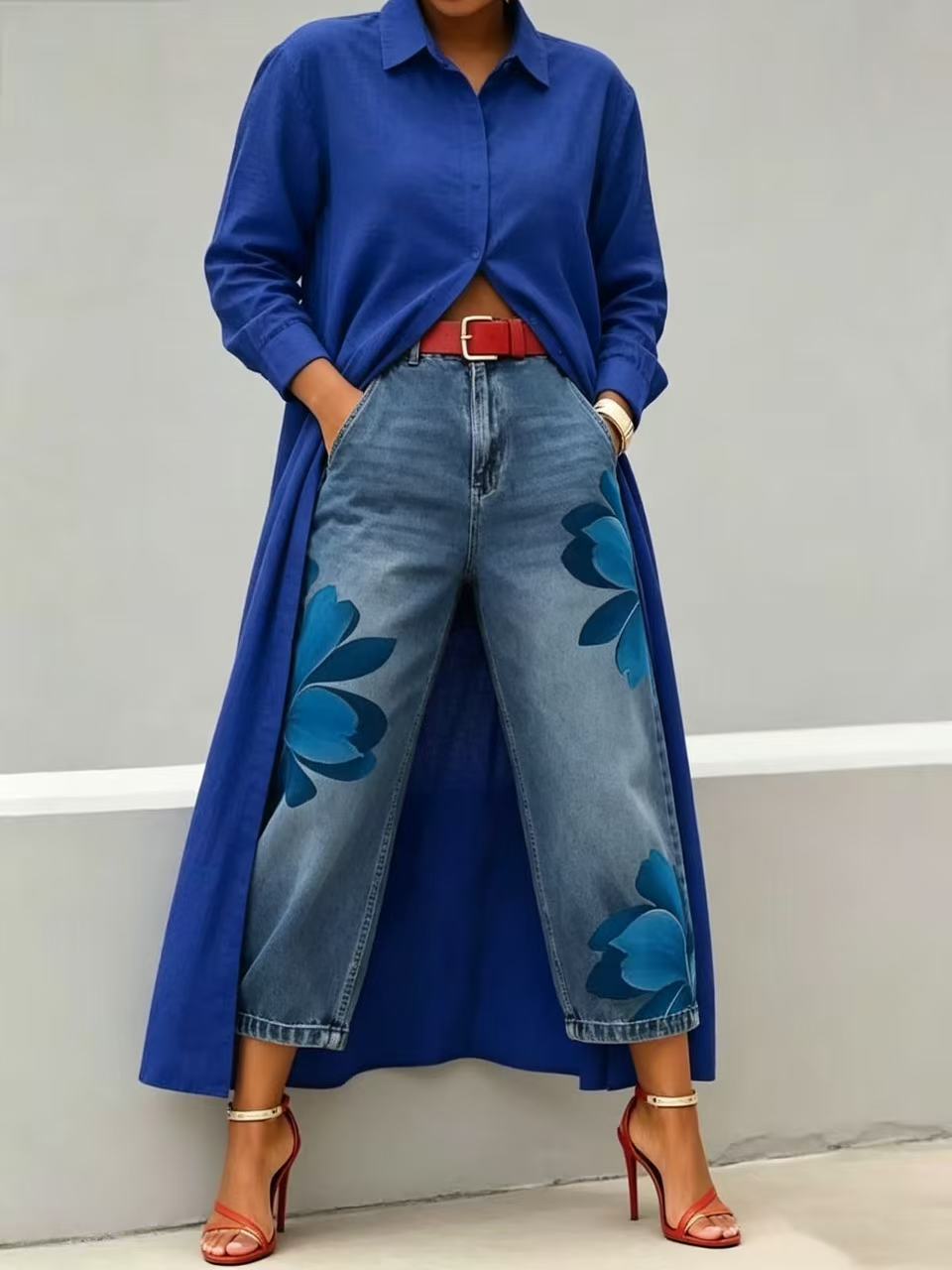 Yellow Long Shirt Jacket & Floral Wide-Leg Jeans Set