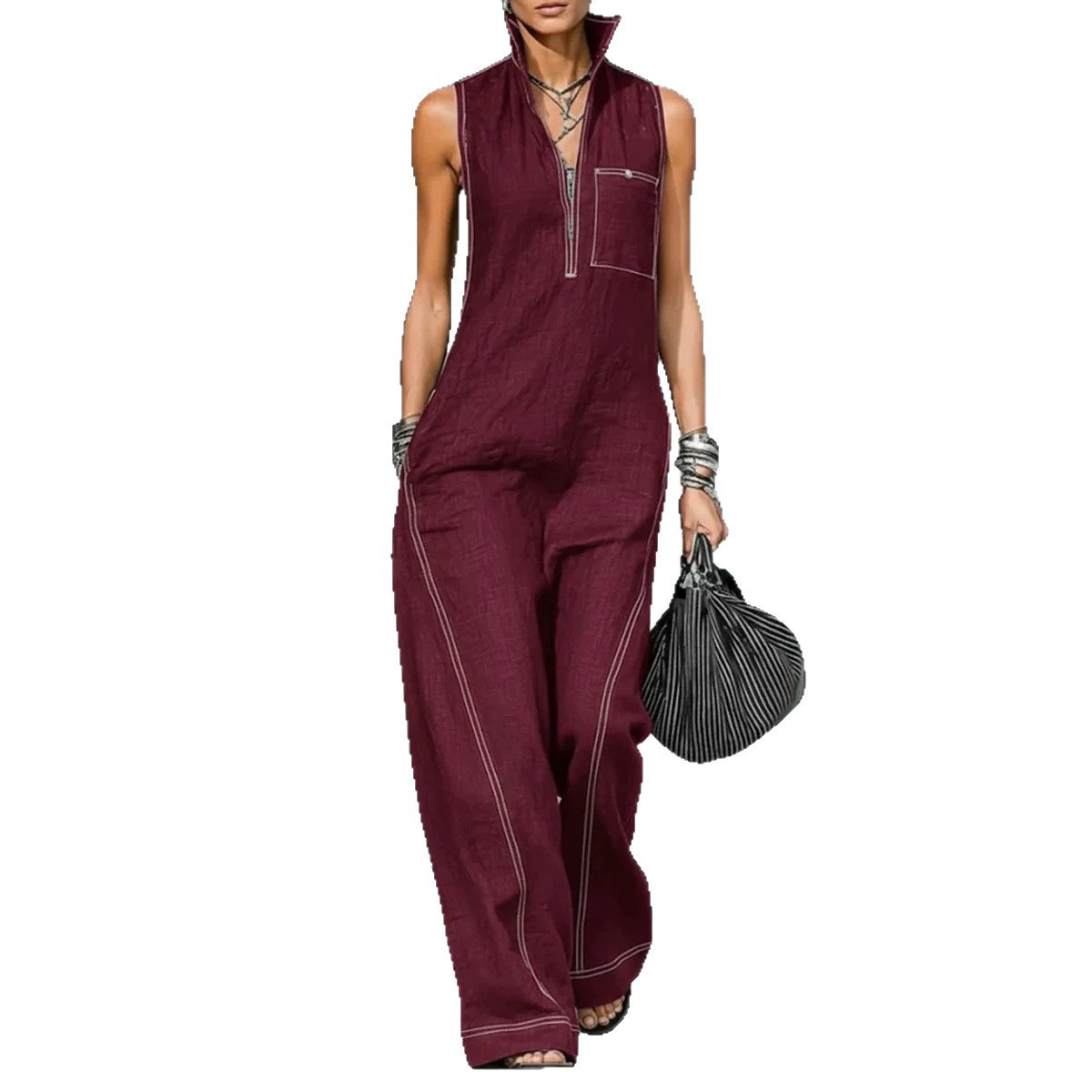 Women's Sleeveless Zip Jumpsuit Solid Color Wide Leg