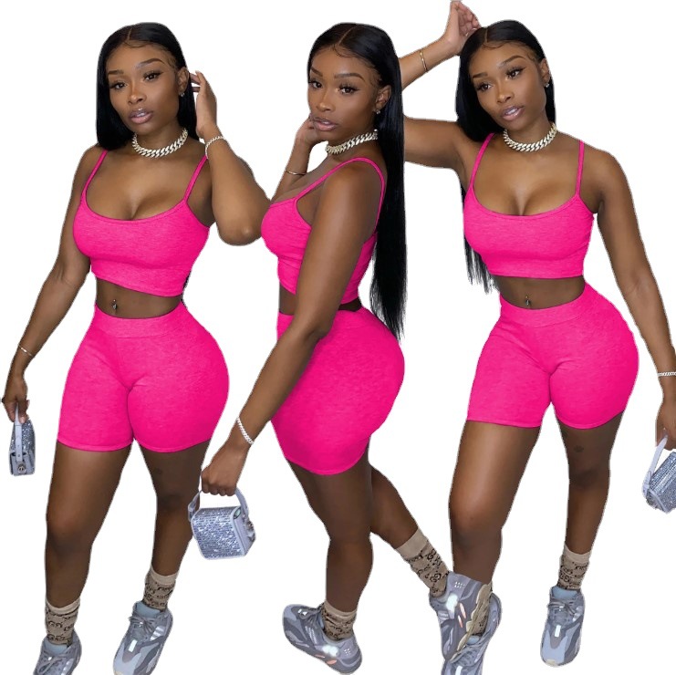 Women's Solid Color Crop Cami Top and Biker Shorts Set