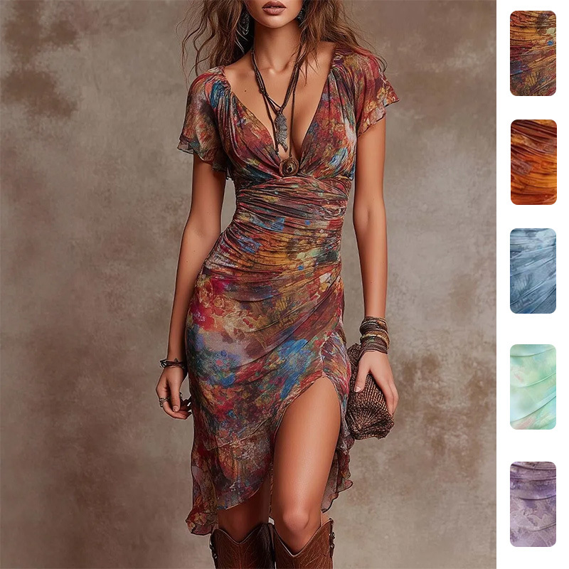 Women's French Floral Print V-Neck Short Sleeve High Waist Sheath Dress