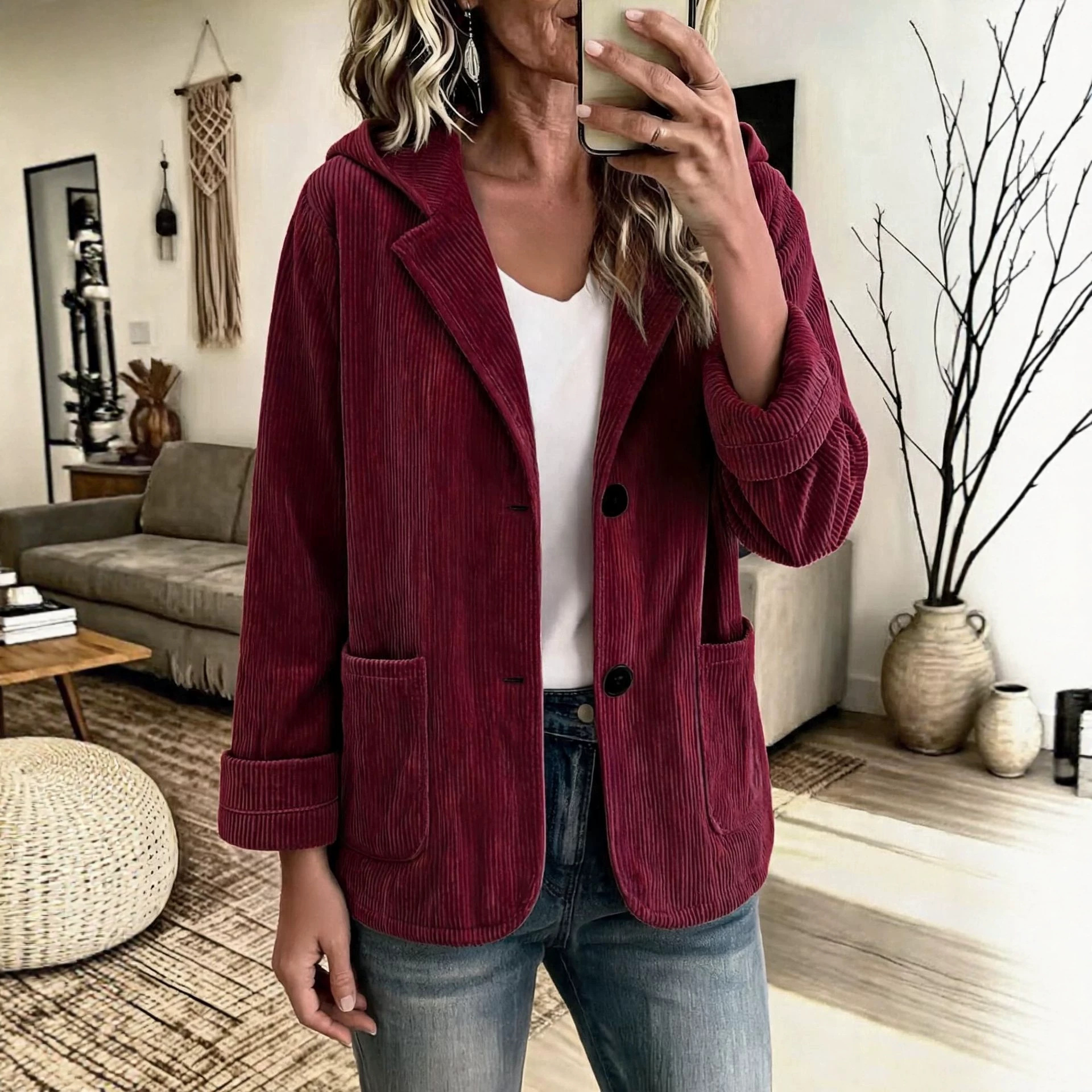Corduroy Hooded Short Jacket with Lapel Collar