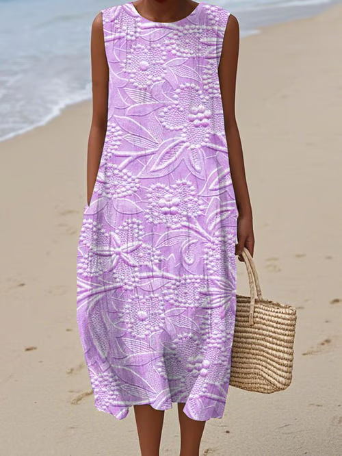 Women's Floral Petal 3D Print Sleeveless Midi Dress