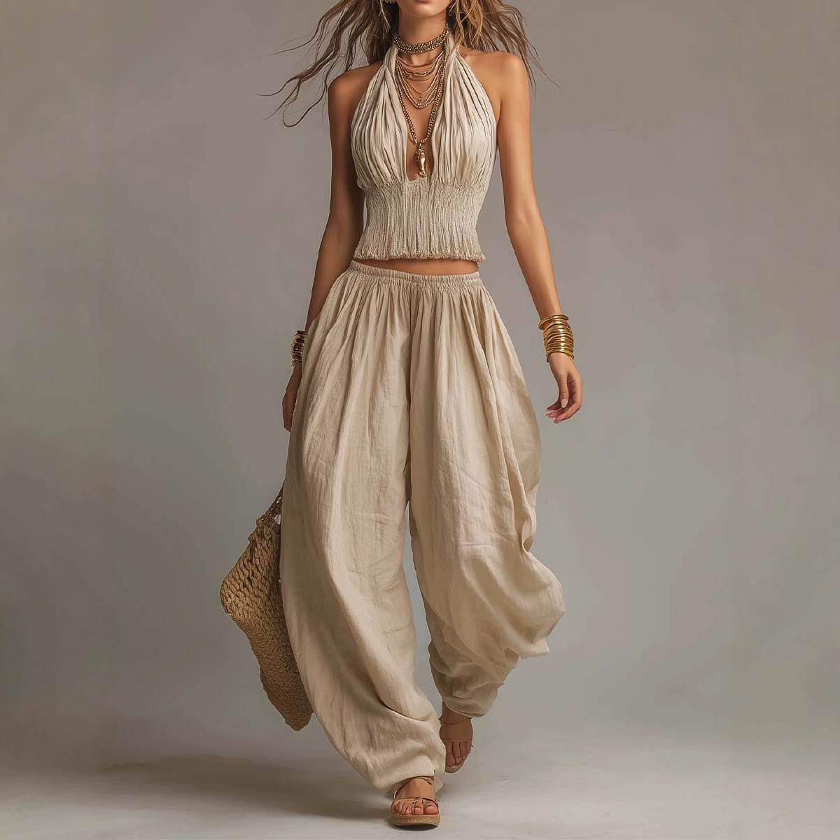 Bohemian Cotton-Linen Halter Smocked Crop Top & Lantern Pants Set