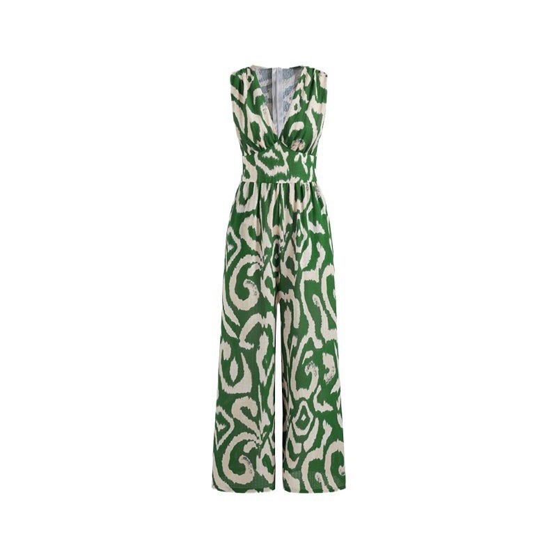 Women's Deep V-Neck Abstract Print Sleeveless Jumpsuit with Waist-Cinching Straight Leg