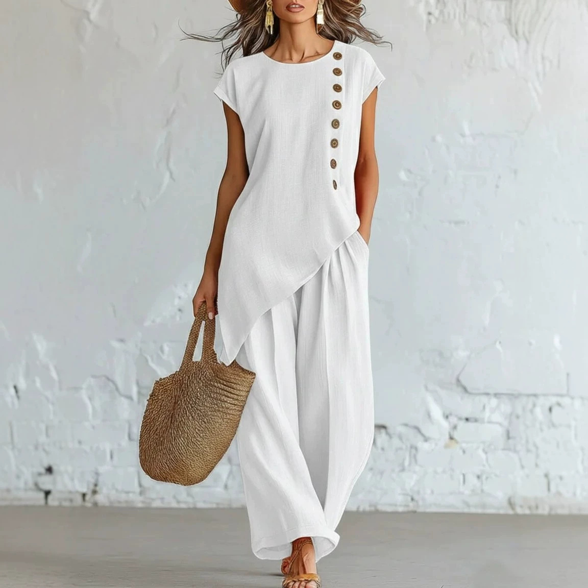 Women's Button-Down Short Sleeve Top and Wide-Leg Pants Set with Asymmetrical Hem