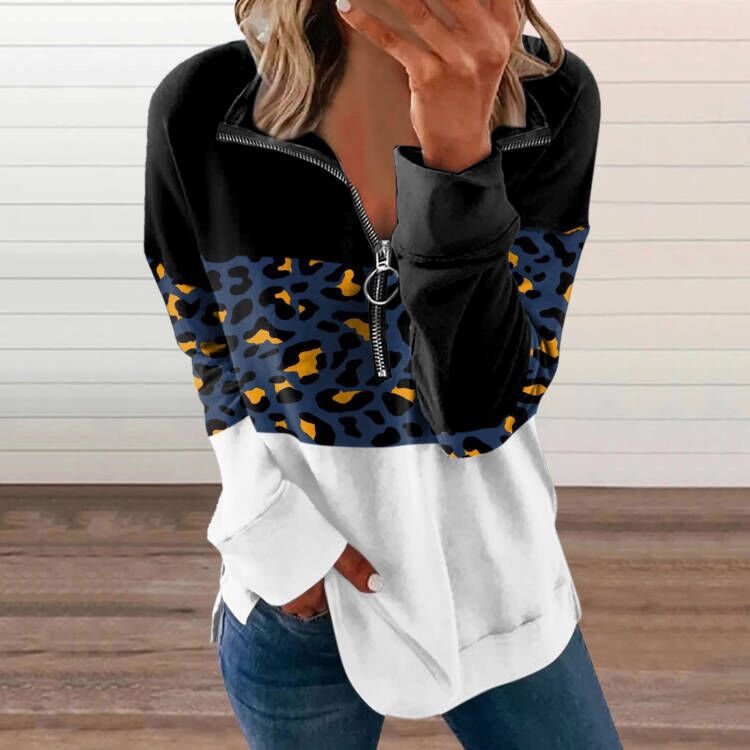 Women's Loose Fit Zip-Up Long Sleeve Printed Casual Top
