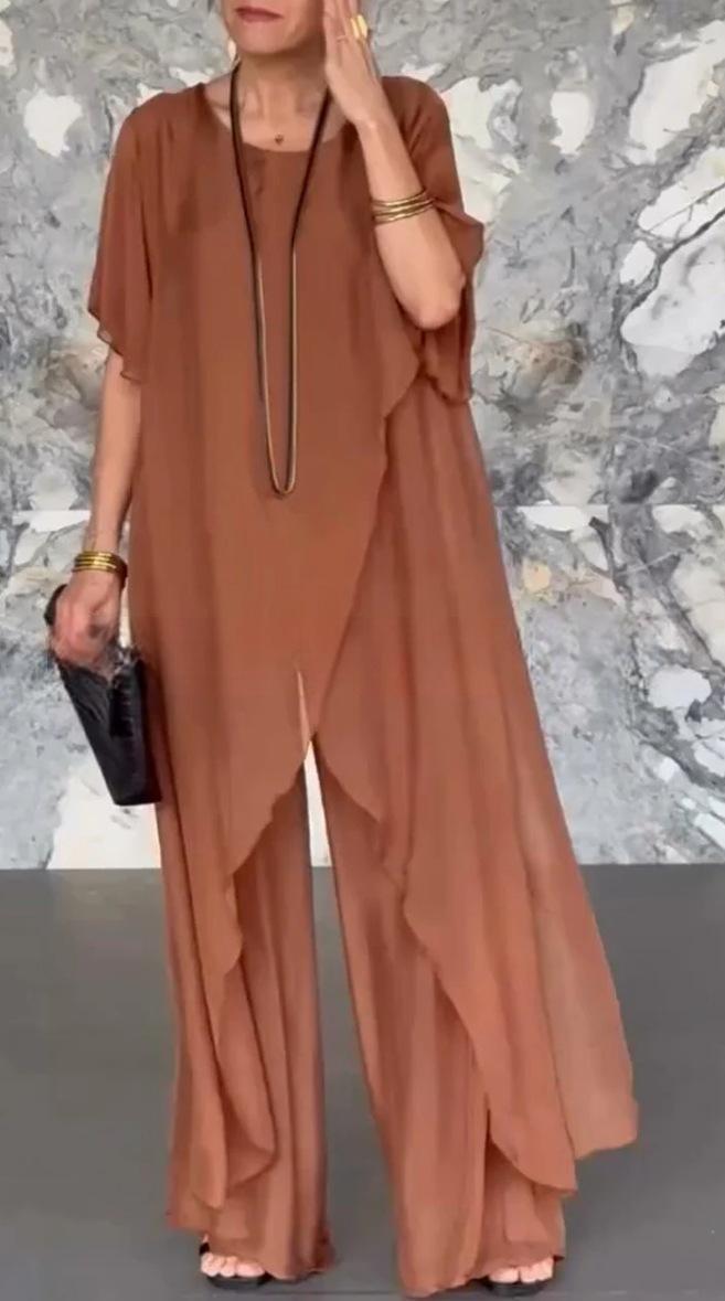Women's Chiffon Two-Piece Set with Asymmetric Top and Loose Pants