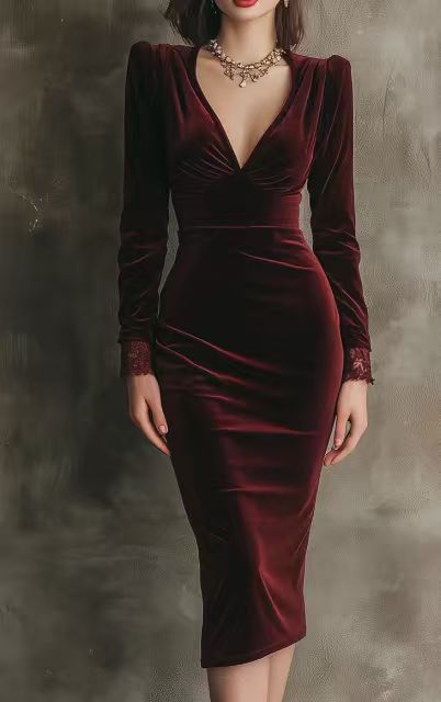 Velvet V-Neck Long Sleeve Bodycon Midi Dress