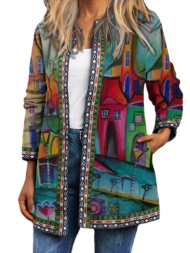 Retro Ethnic Print Long Sleeve Open Front Jacket Cardigan for Women