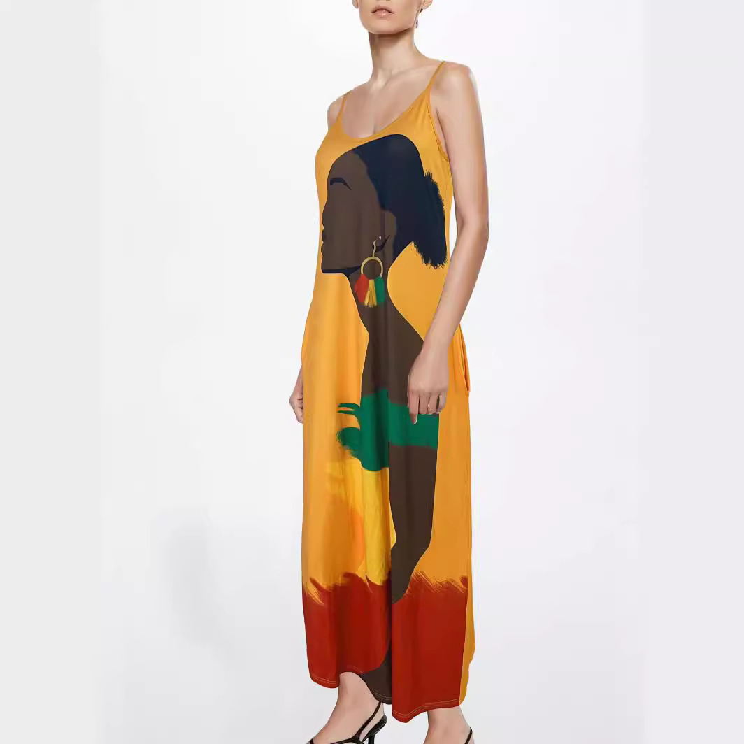 Women's High Waist V-Neck Sleeveless Maxi Dress with 3D Digital Print