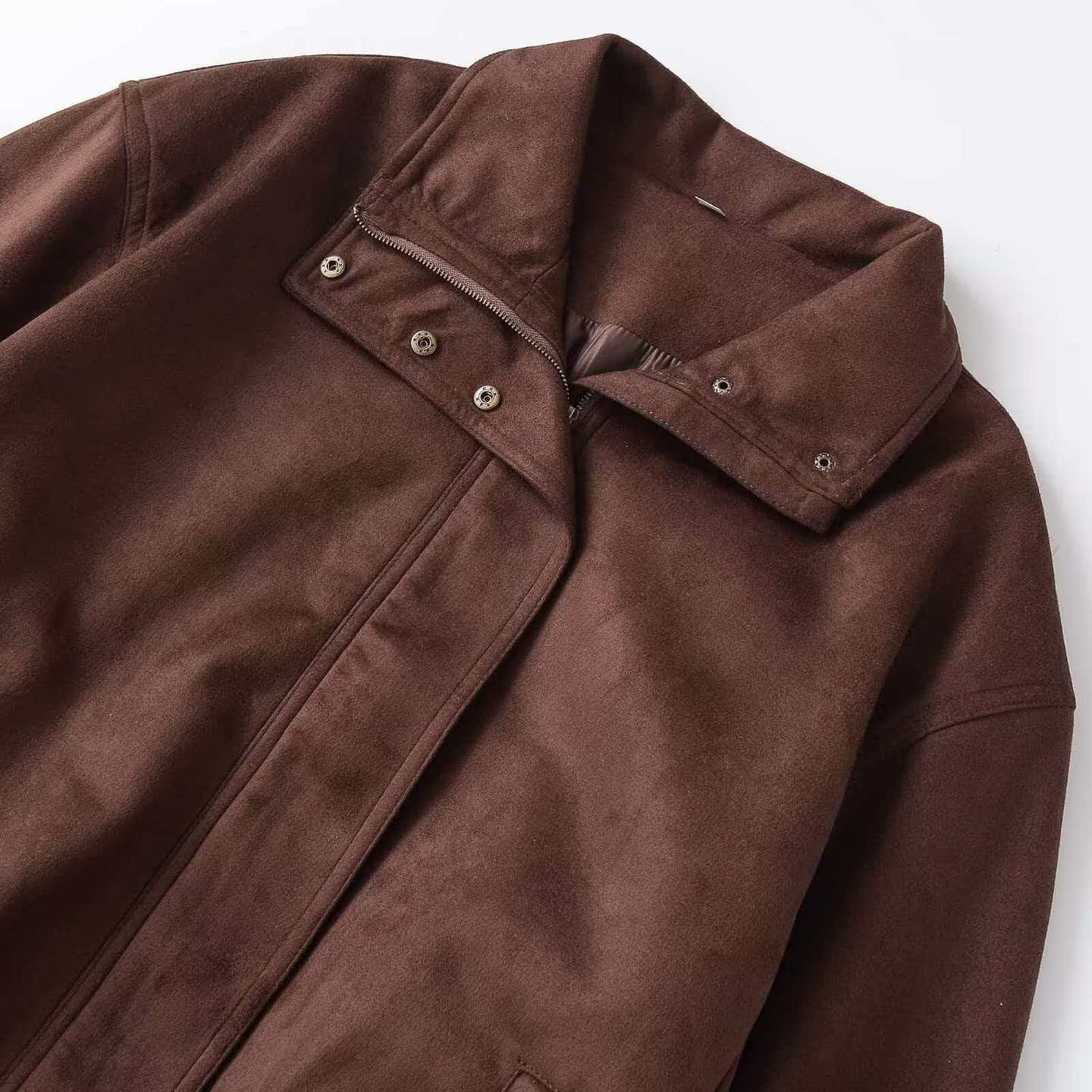 Women's Vintage Faux Suede Stand Collar Jacket Dark Brown