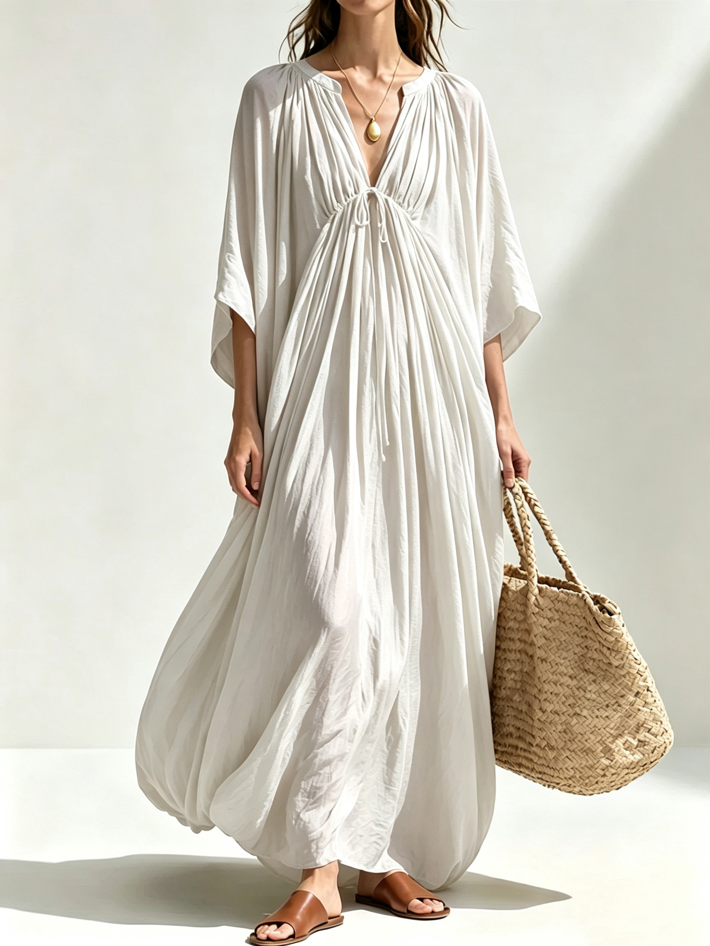 V-Neck Pleated Solid Color Loose Casual Dress