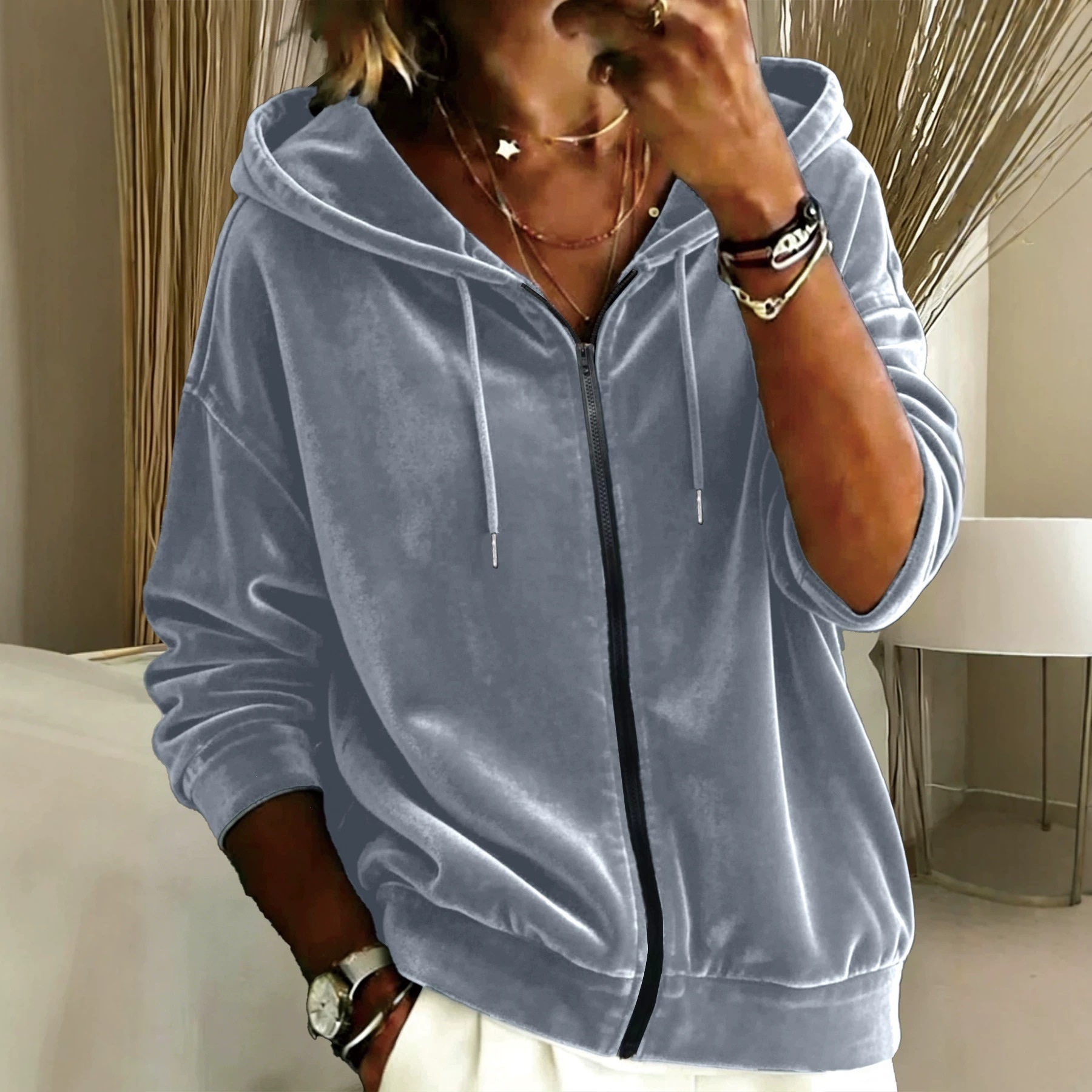 Women's Solid Color Drawstring Hooded Zip-Up Long Sleeve Sweatshirt