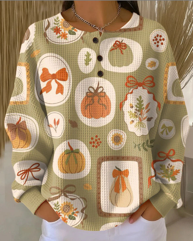 Women's Plaid Pumpkin Floral Butterfly Print Button Sweatshirt