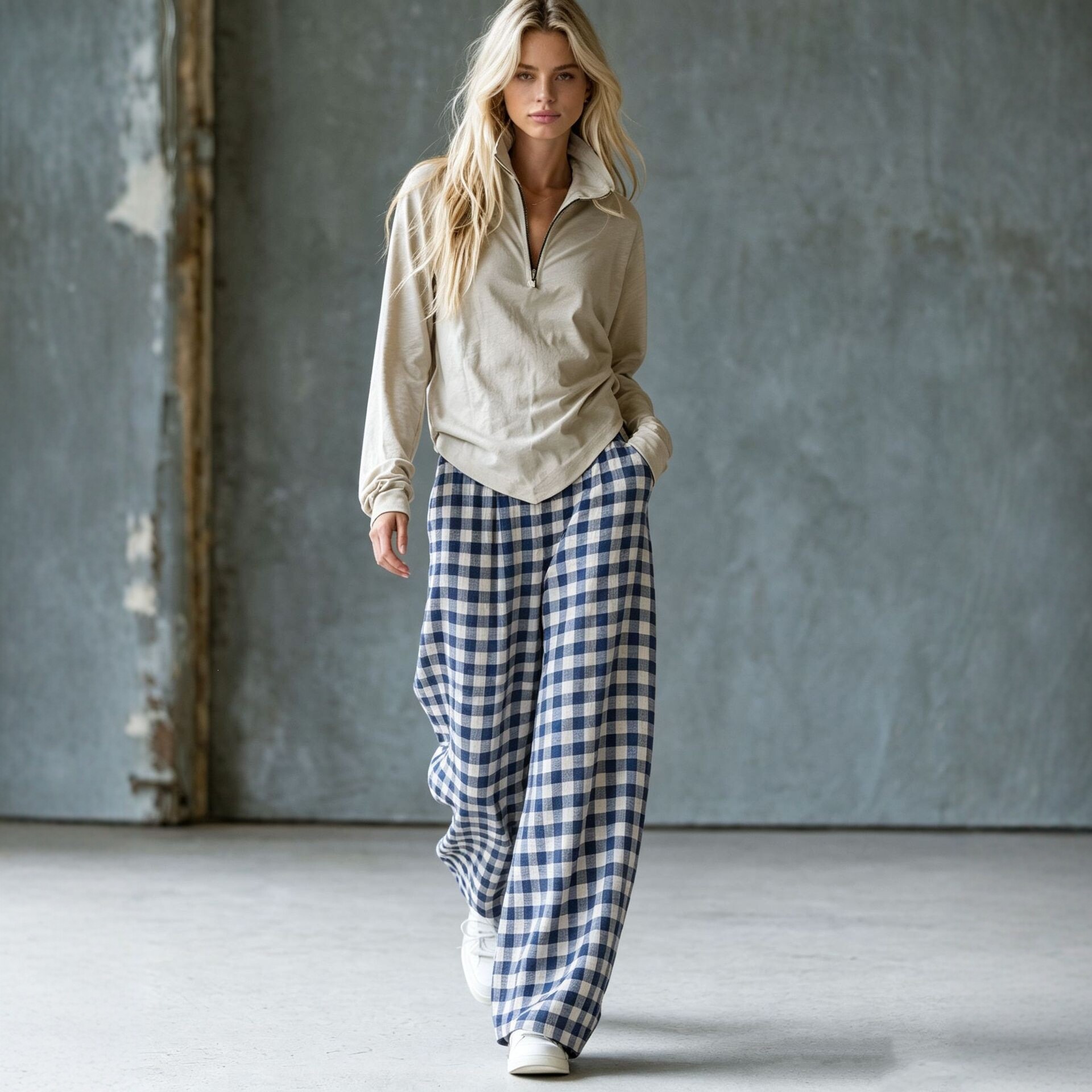 Retro Plaid Wide-Leg Pants and Fitted V-Neck Knit Top Two-Piece Set
