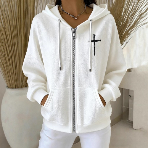 Women's Cross Print Ribbed Hoodie Long Sleeve Crew Neck Zip Up
