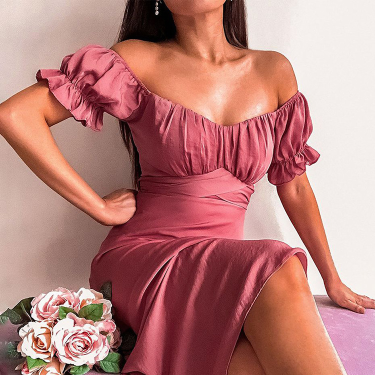 Elegant Floral French-Style Long Dress with Slit, High Waist, Short Sleeve