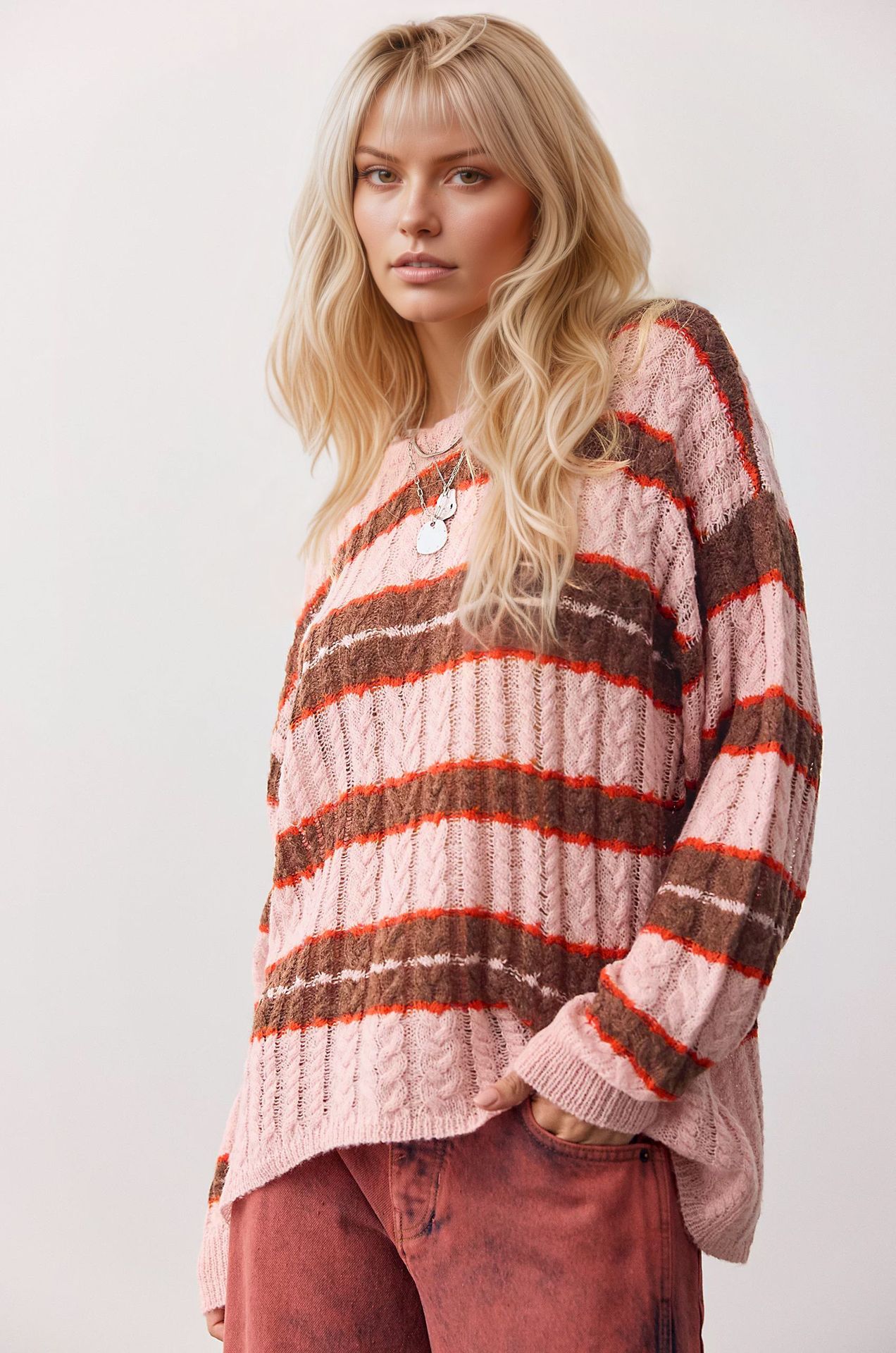 Striped Cable-Knit Pullover Sweater Women's Loose Fit Crew Neck
