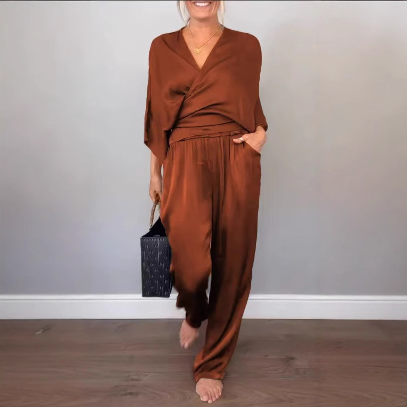 Women's Summer Satin Short Sleeve Top and Pants Set Solid Color