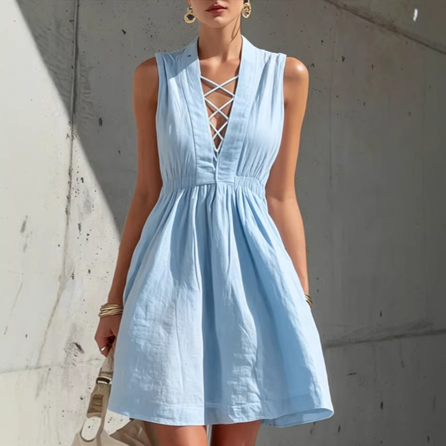 Women's Sleeveless V-Neck Solid A-Line Dress Casual Cotton-Blend