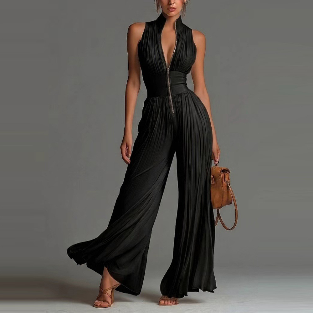 Women's Pleated Halter Wide-Leg Jumpsuit