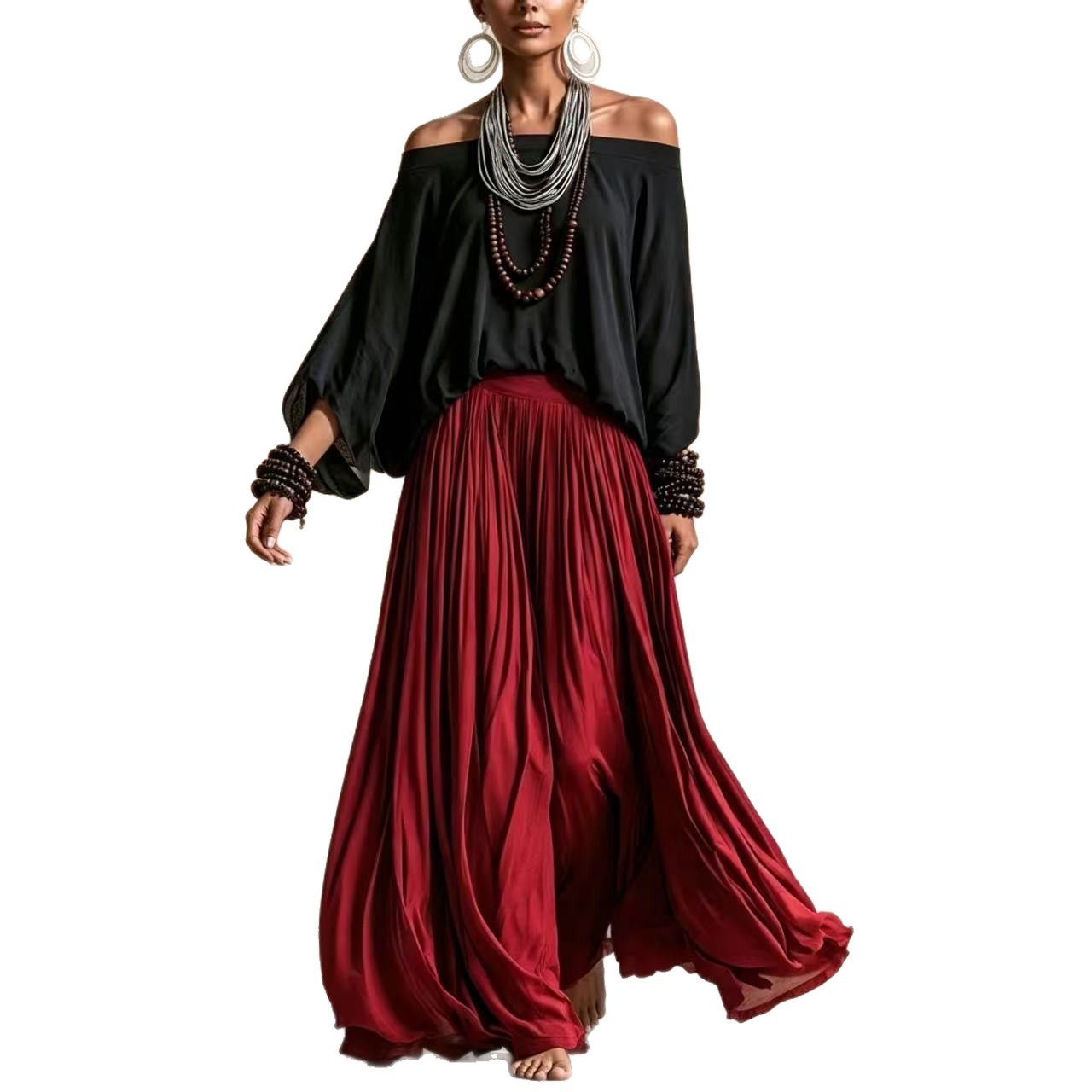 Bohemian Off-Shoulder Top & Wide-Leg Maxi Skirt Two-Piece Set