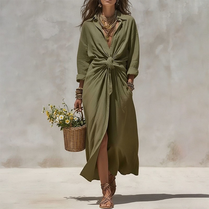 Women's Casual Solid Shirt-Collar Long Dress Single-Breasted Pleated Long-Sleeve