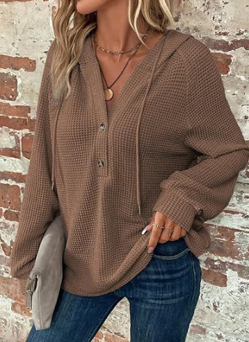 Women's Solid Color Long Sleeve V-Neck Hooded Button Sweatshirt