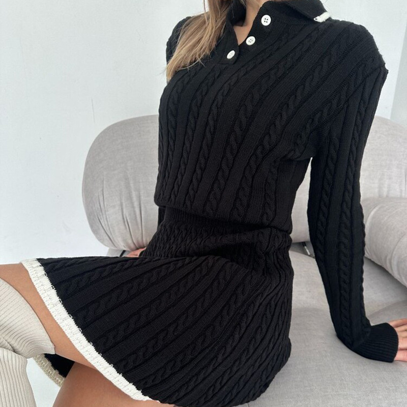 Women's Casual Knit Sweater and Mini Skirt Two-Piece Set with Button Detail