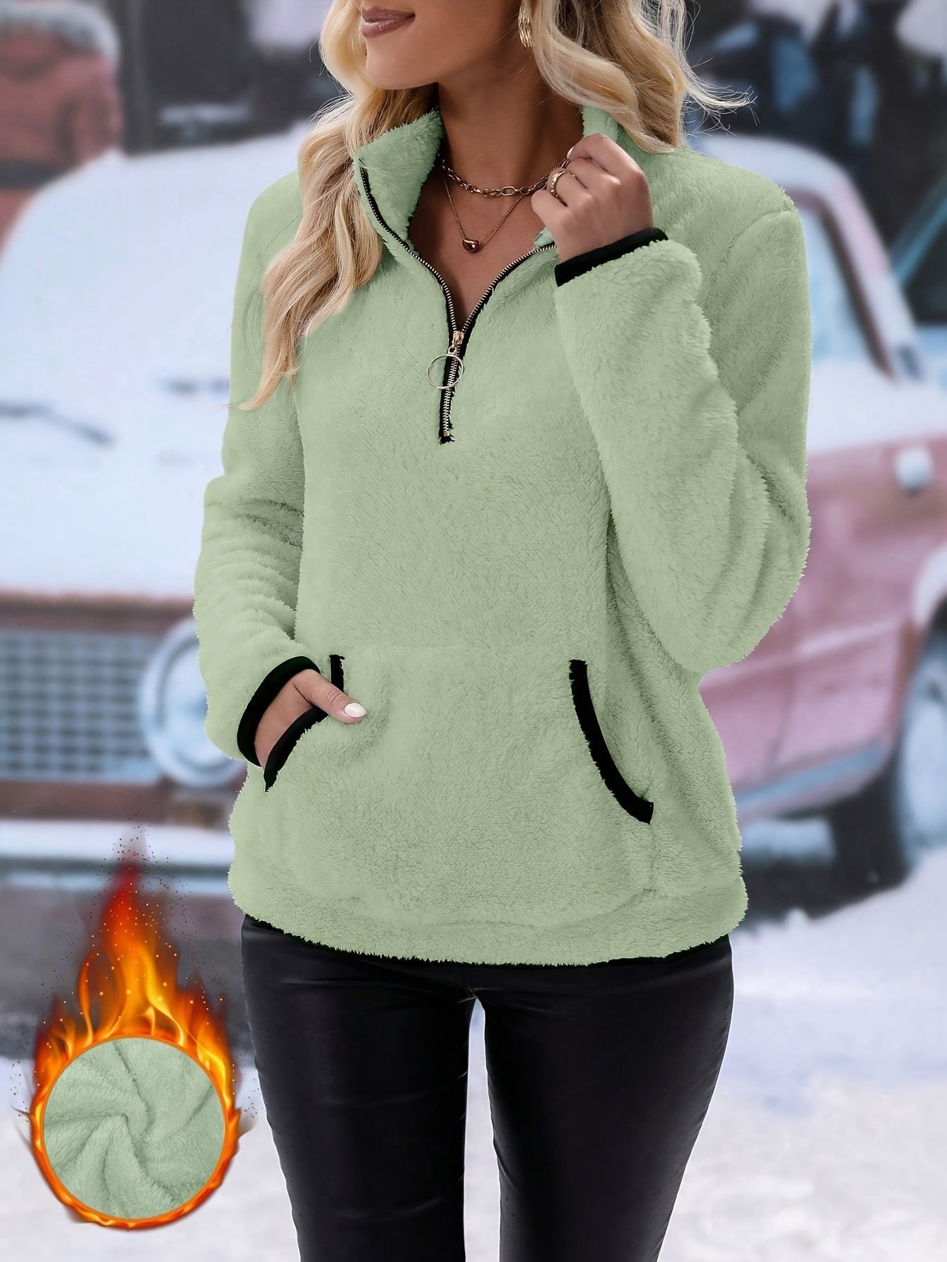 Women's Half-Turtleneck Zip Pocket Fleece Sweatshirt