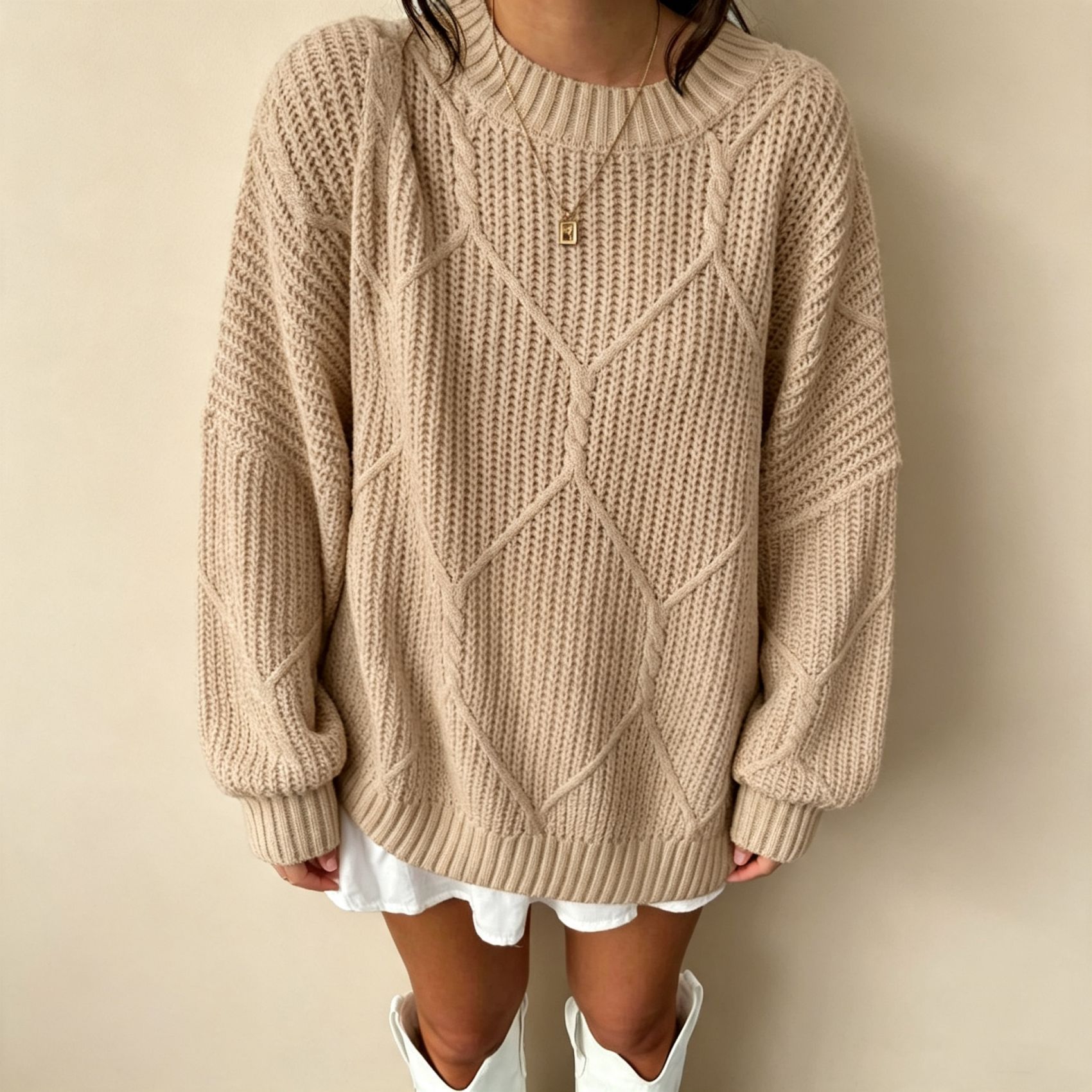 Women's Cable Knit Diamond Crewneck Pullover Sweater
