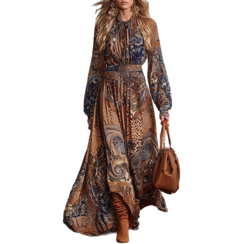 Bohemian Floral Print Long Sleeve Lantern Sleeve Maxi Dress