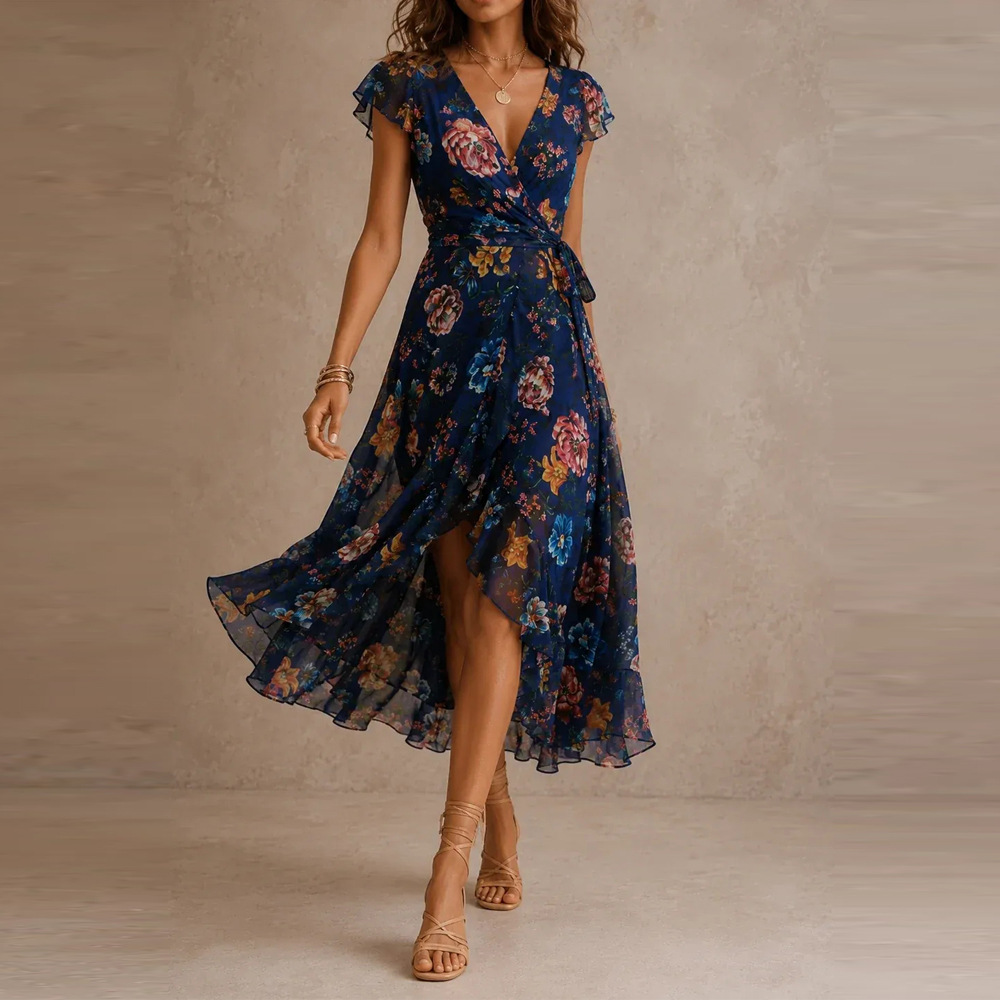 V-Neck Irregular 3D Digital Print Maxi Dress