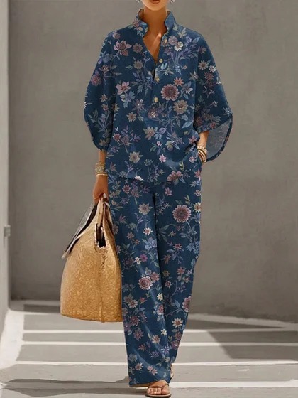 Women's Polka Dot Floral Print Long Sleeve Button-Up Top Set