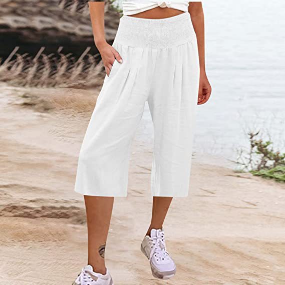Women's Summer Smocked Wide-Leg Capri Pants Casual Loose Fit