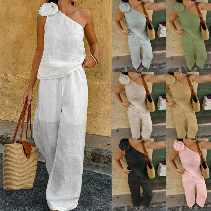 Women's One-Shoulder Sleeveless Fitted Top and Wide-Leg Pants Set