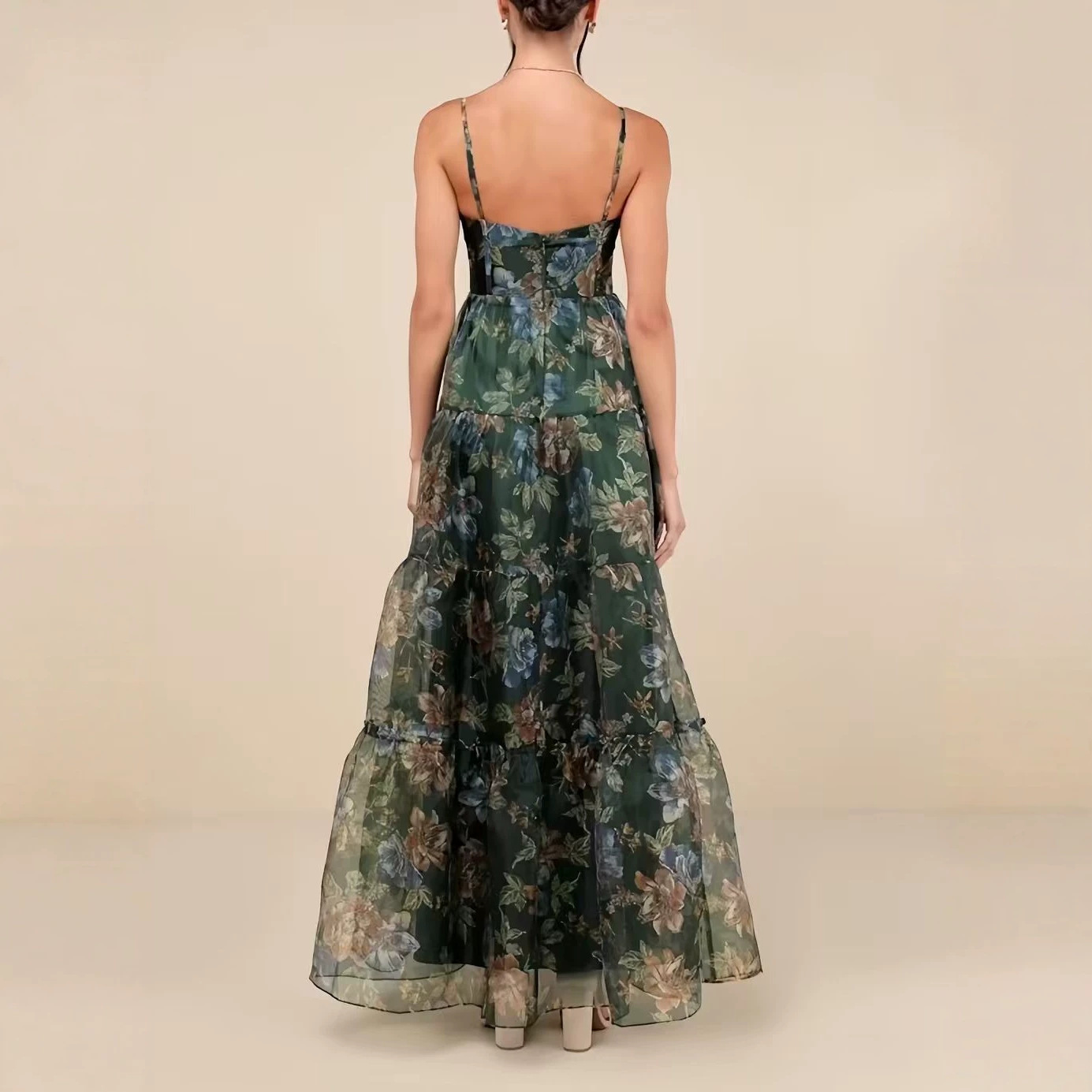 Dark Green Vintage Floral Print Sleeveless Tiered Maxi Dress with Flowy Mesh