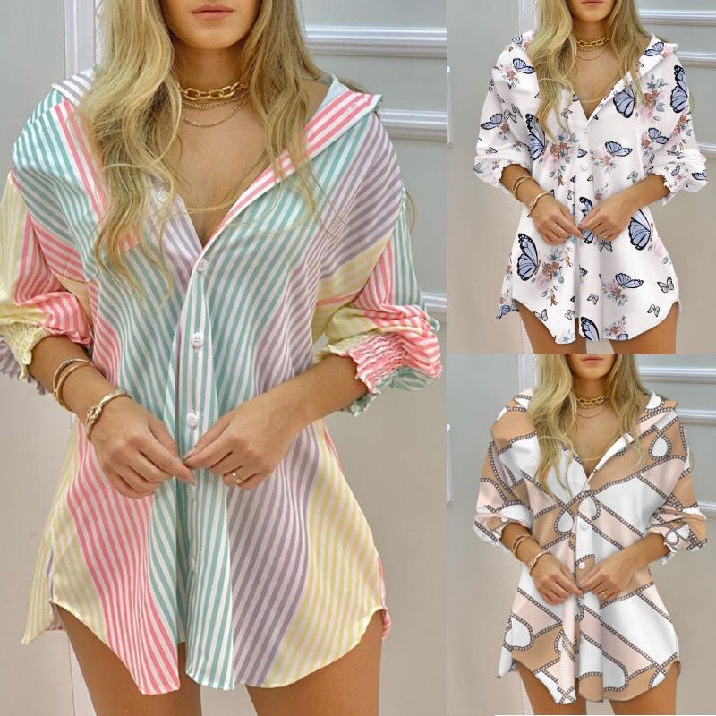 Long Sleeve Floral Print Smocked V-Neck Button Shirt Dress