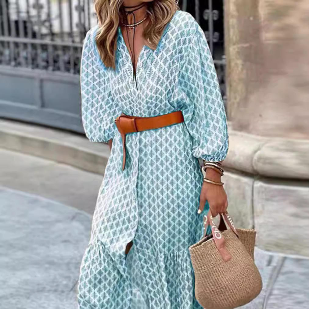 Floral Print V-Neck Lantern Sleeve Slit Dress