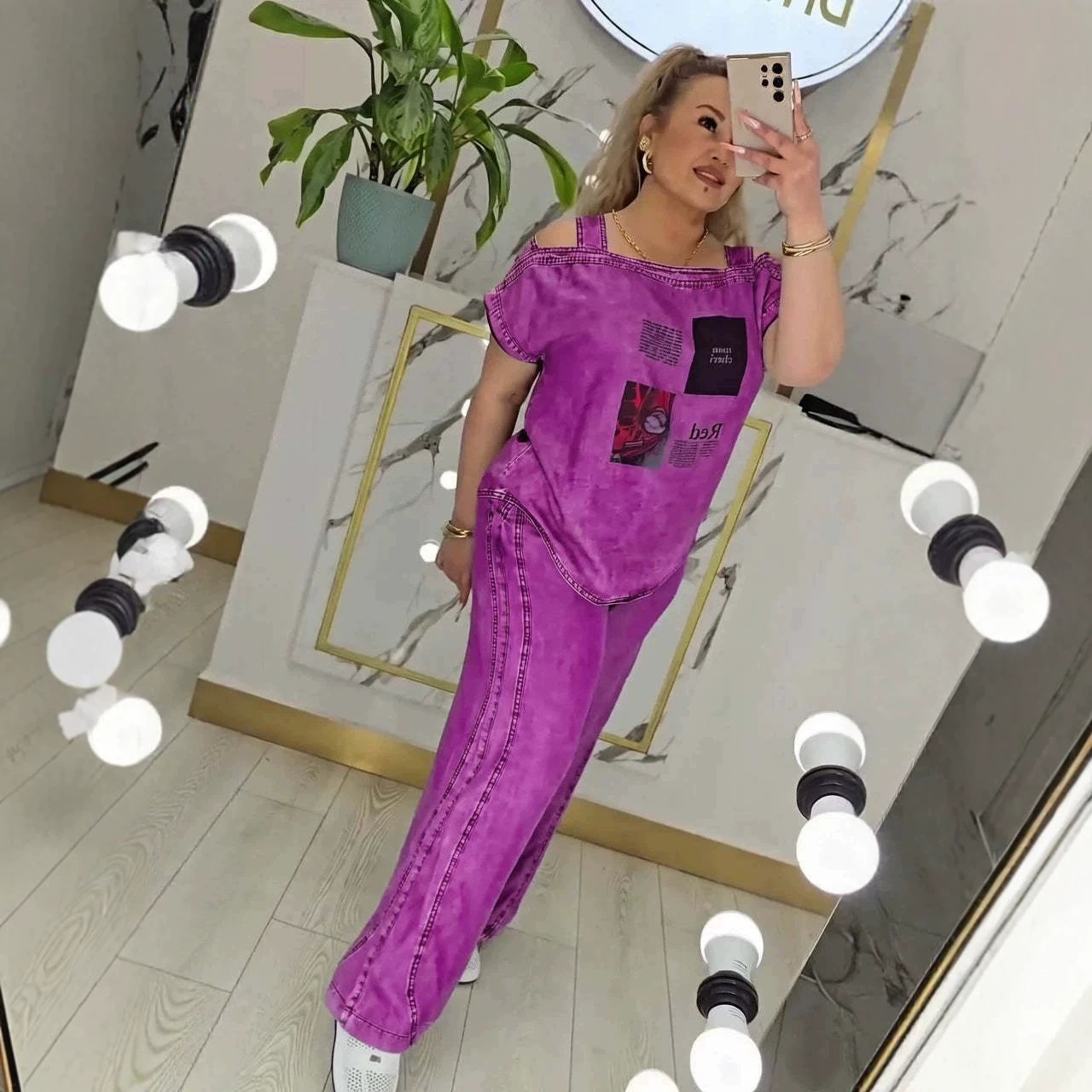 Women's Off-Shoulder Short-Sleeve Top & Wide-Leg Pants Set with Vintage Print