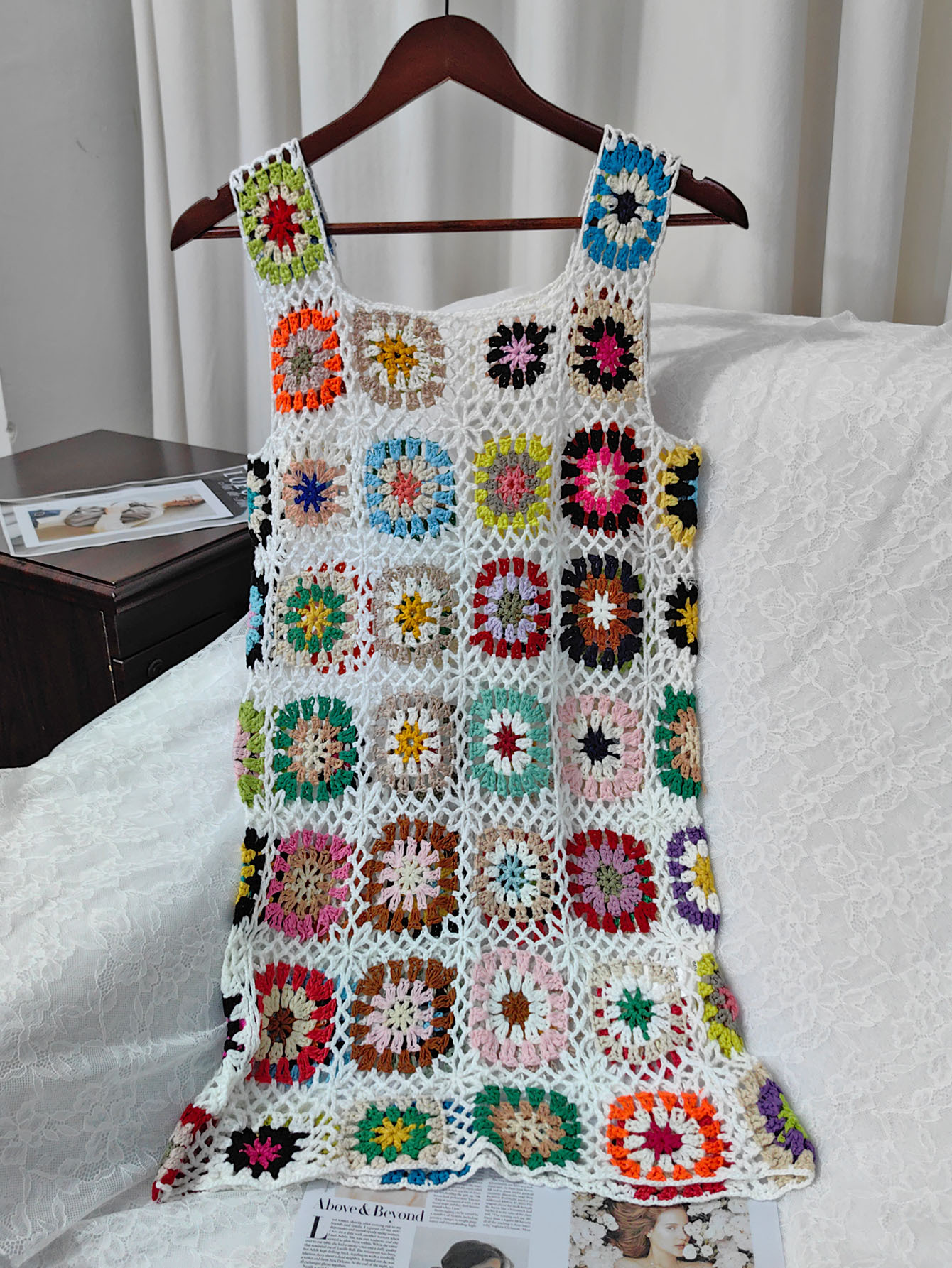Bohemian Hand-Crocheted Hollow Out Cami Dress Sexy Diamond Grid Vest Dress
