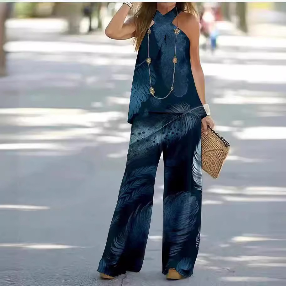 3D Print Halter Sleeveless Two-Piece Set Elegant Women's Outfit