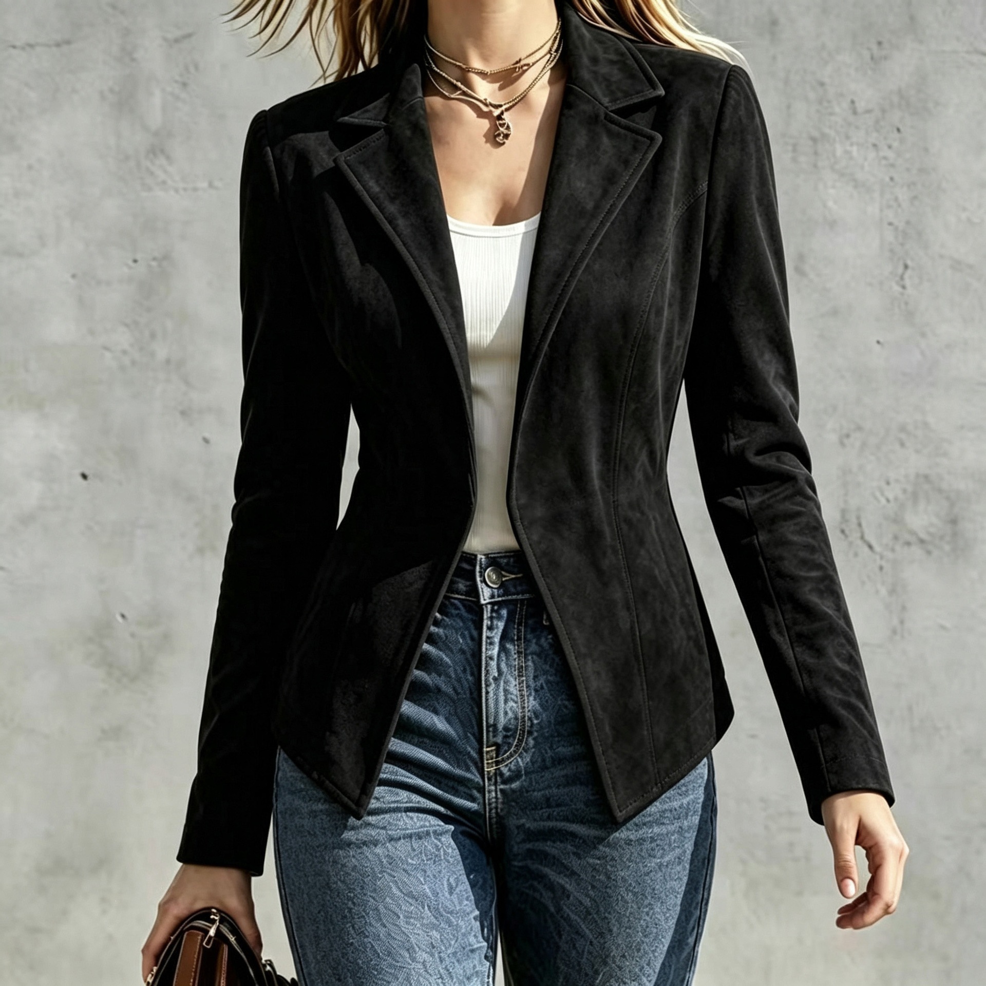 Faux Suede Slim Fit Lapel Collar Long Sleeve Jacket