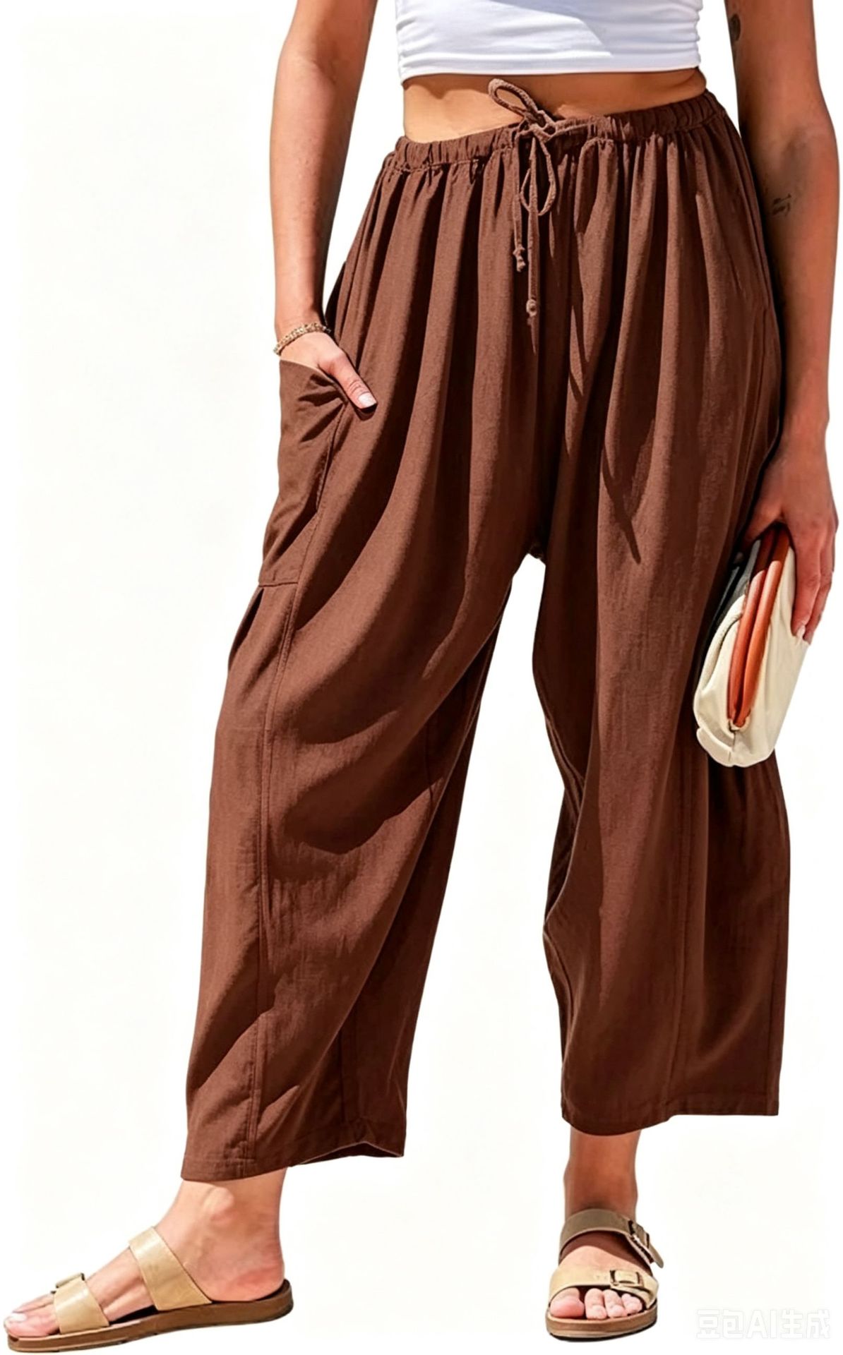 Women's Cotton-Linen Straight-Leg Cropped Pants with Elastic Waist and Pleats, Breathable Casual