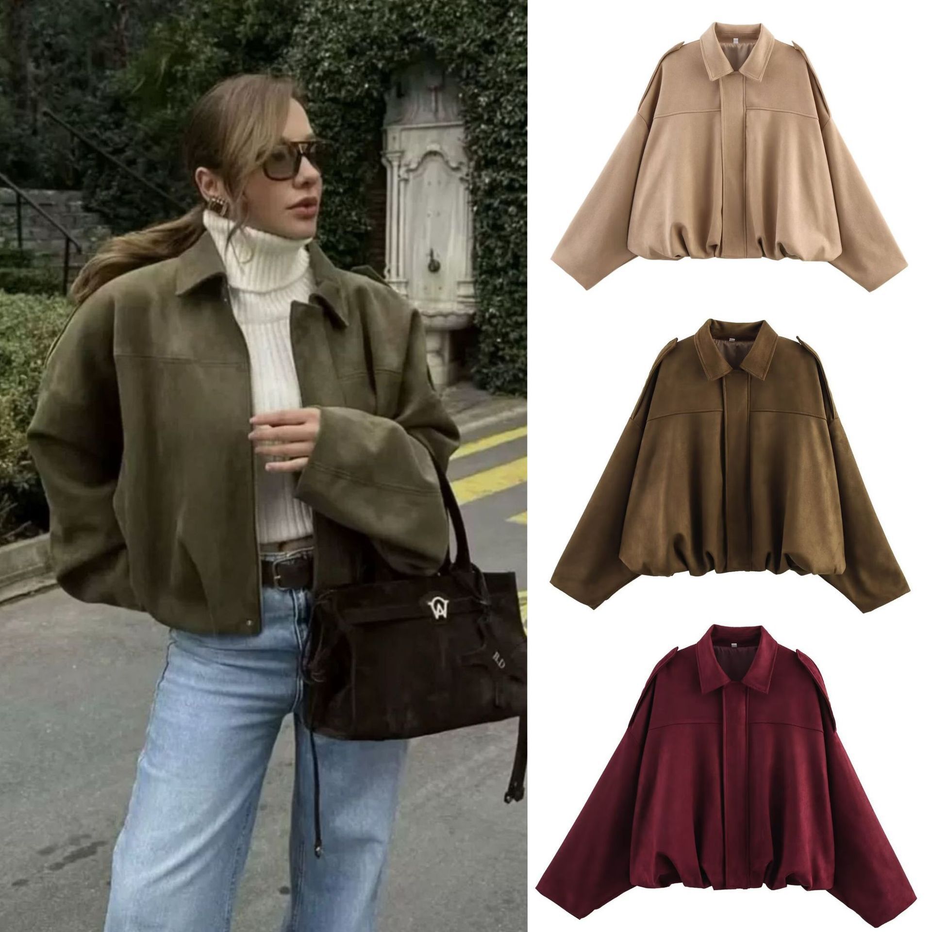 Women's Batwing Sleeve Zip-Up Bomber Jacket Casual